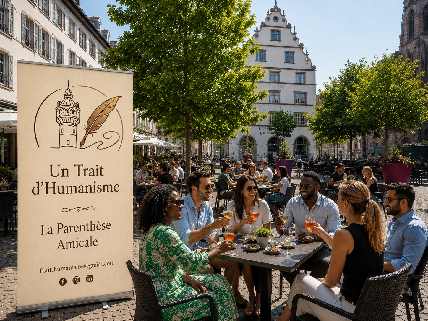 Terrasse conviviale à Colmar — future antenne d'Un Trait d'Humanisme