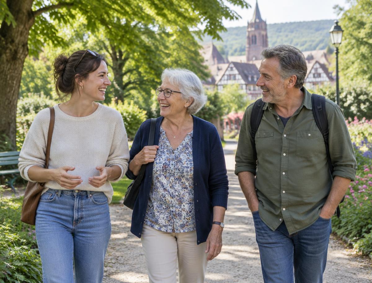 Trois adultes de générations différentes échangent lors d'une promenade au parc