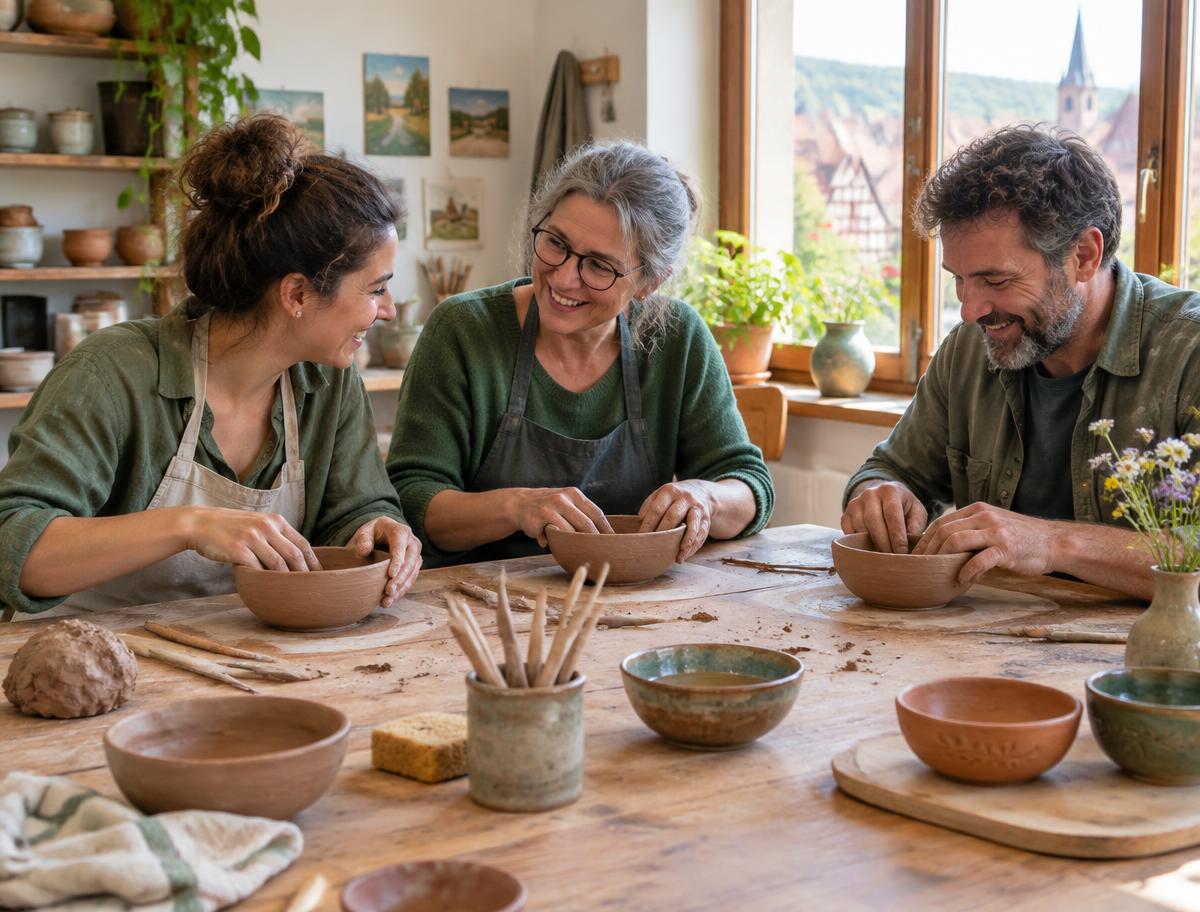 Des adultes de différentes générations façonnent des bols en argile lors d'un atelier partagé