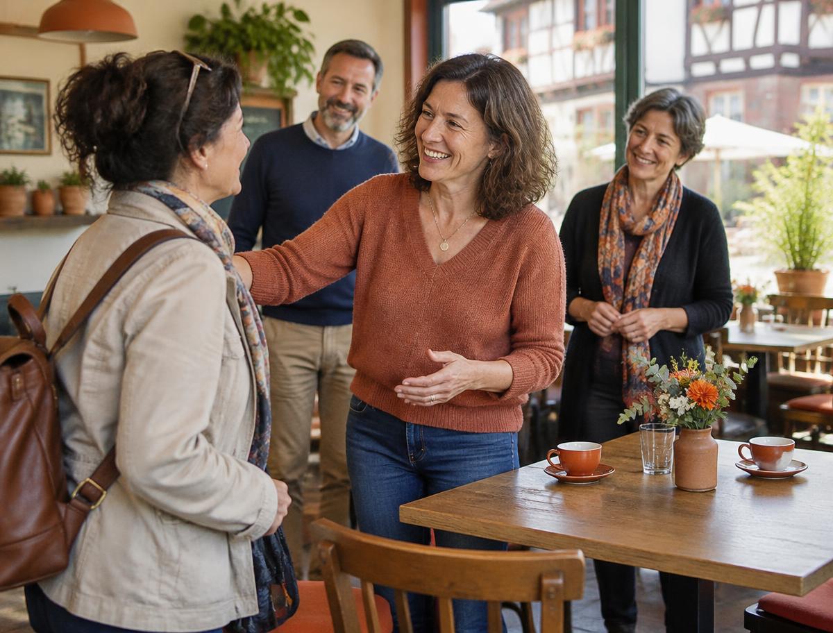 Une participante accueillie chaleureusement lors d'une première rencontre au café