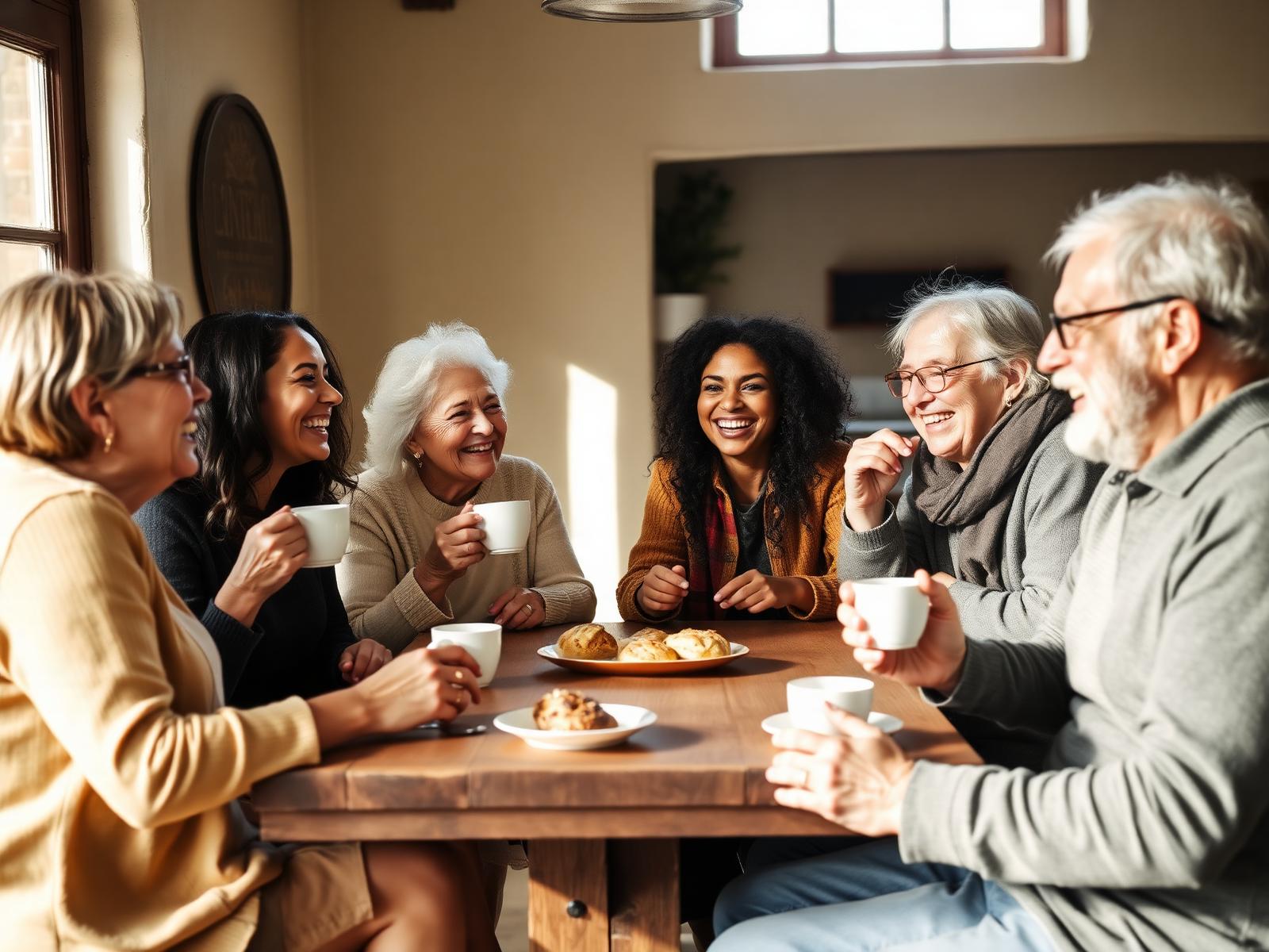 Groupe intergénérationnel riant autour d'un café dans un lieu chaleureux d'Alsace